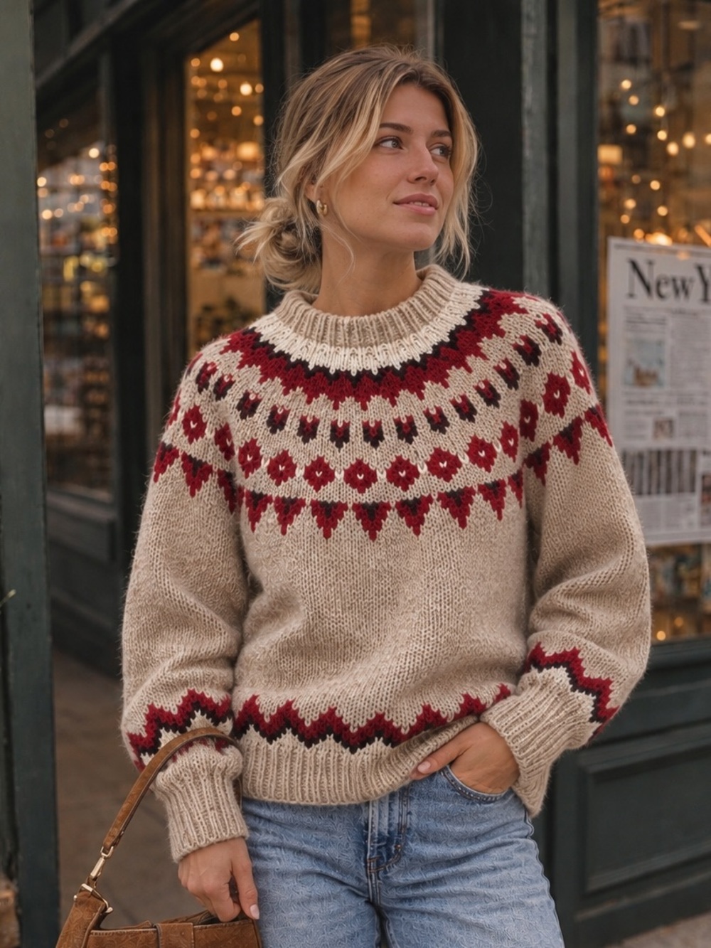 Nordic Fair Isle Sweater Burgundy Cream Scandinavian Vintage Hand Knit Pullover